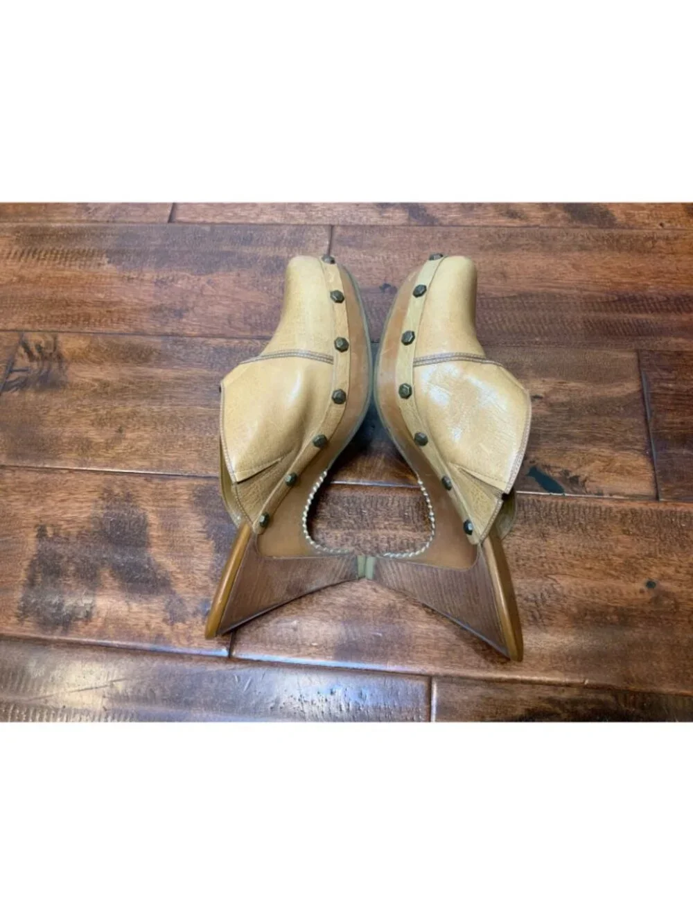 Cole Haan Tan Leather Studded Platform Mules W/Wooden Heels, Size 9